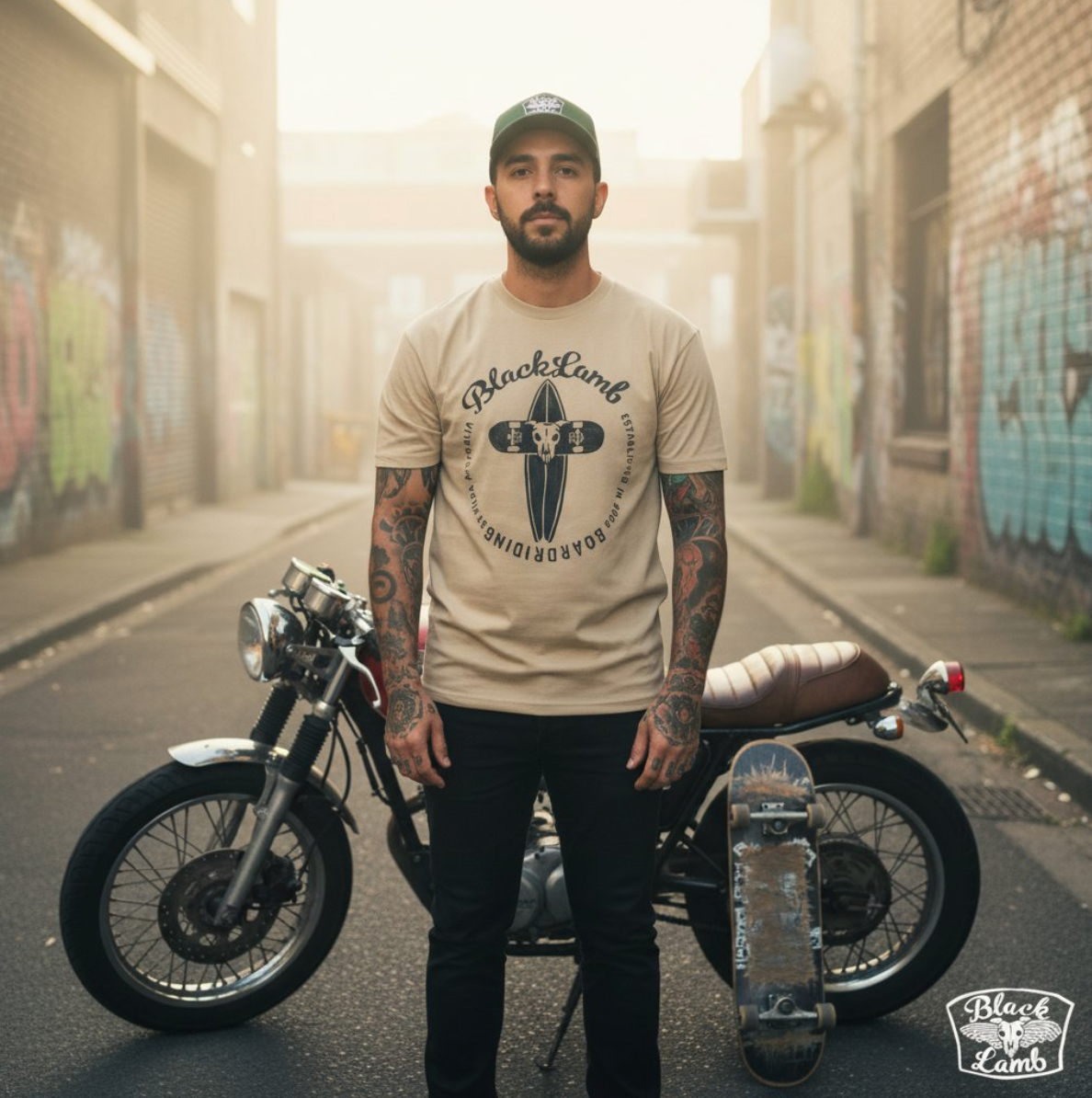 Black Lamb Khaki Board Rider Heavyweight Surf Graphic T-Shirt